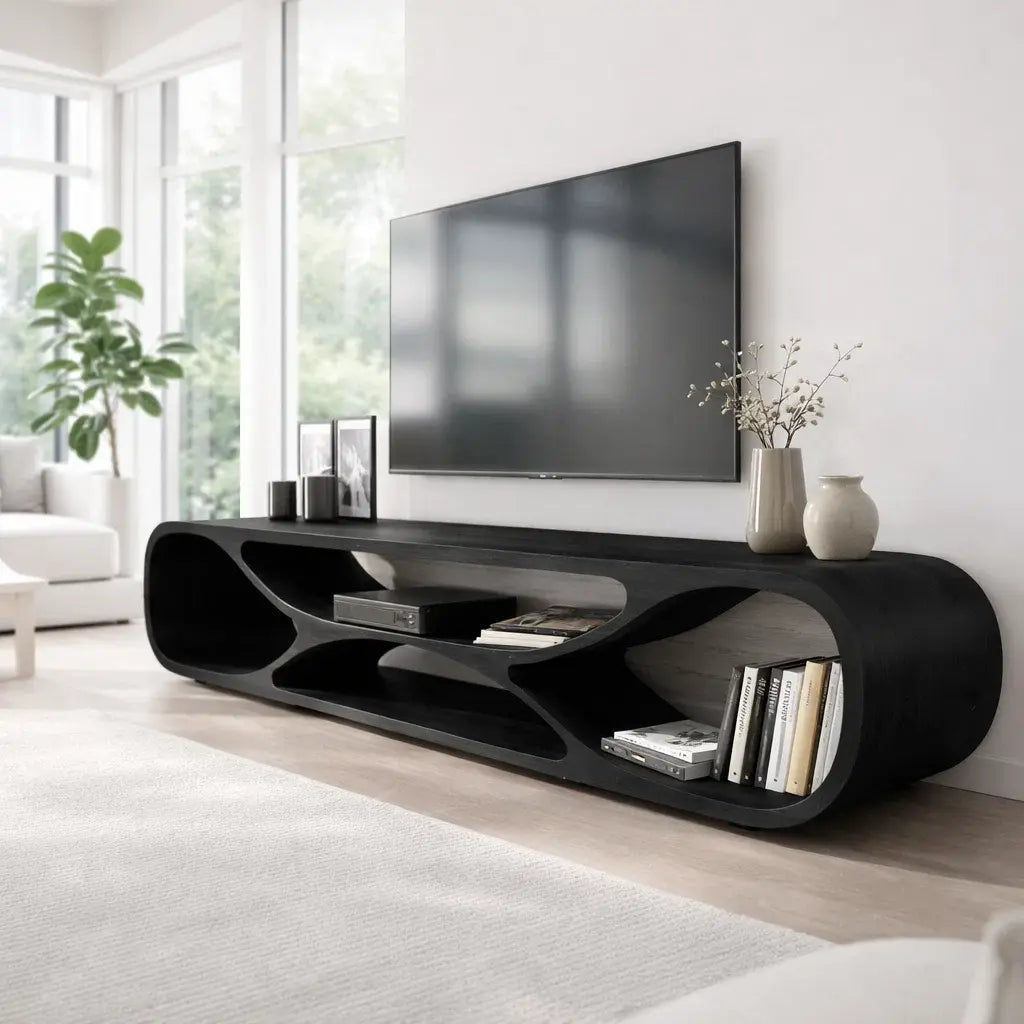 Sculptural Solid Wood TV Stand – Organic Modern Media Console Kitchnce
