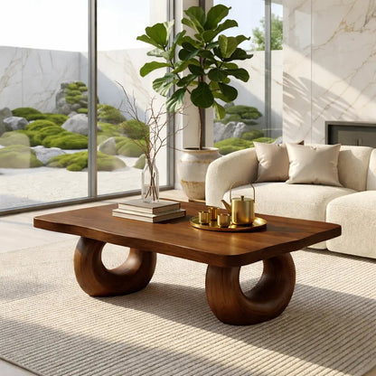 Solid Wood Sculptural Coffee Table with Round Carved Base, Modern Designer Living Room Table Kitchnce