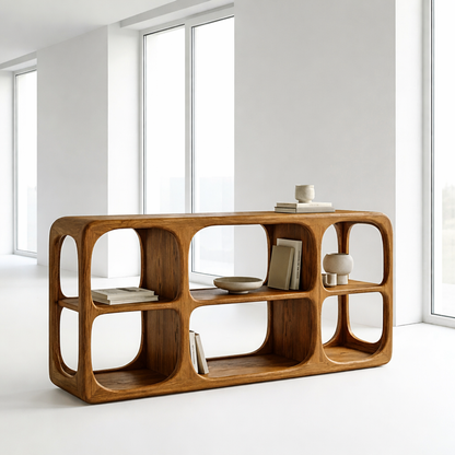 Minimalist Light Oak Console Cabinet - Sculptural Open Shelf Sideboard