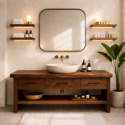 Modern Rustic Solid Wood Bathroom Vanity Cabinet With Drawers And Open Shelf Kitchnce