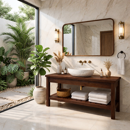 Modern Oak Bathroom Vanity with White Marble Sink and Golden Fixtures Kitchnce