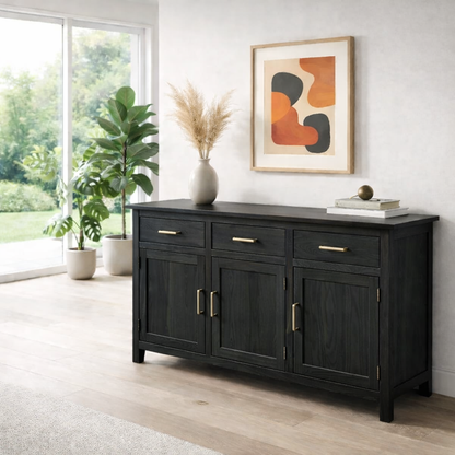Farmhouse Sideboard Cabinet with 3 Drawers and Doors – Wooden Storage Buffet