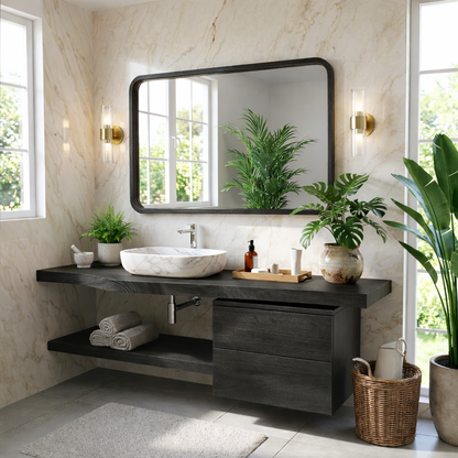 Floating Bathroom Vanity with Natural Wood Finish and Open Shelf Kitchnce