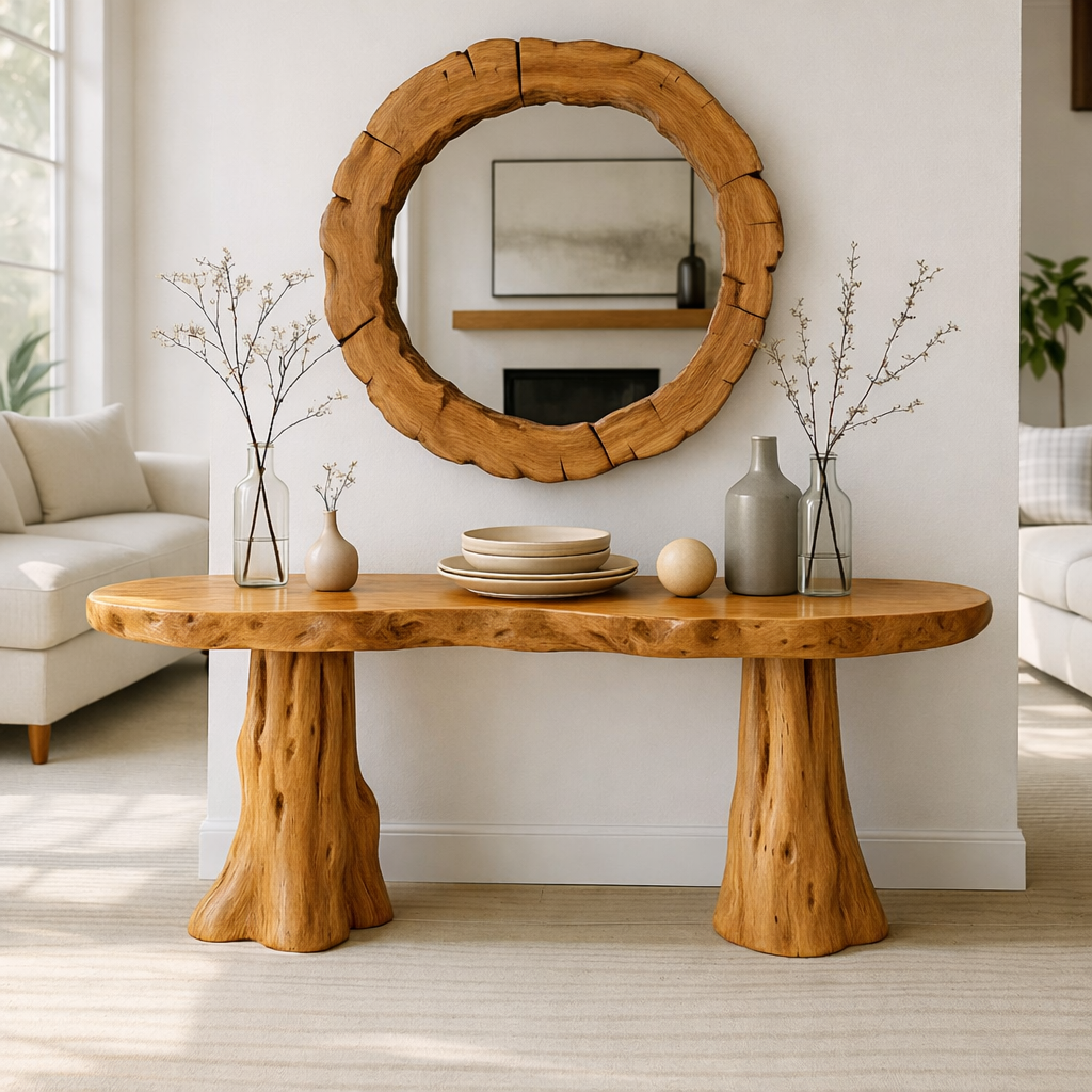 Rustic Solid Wood Console Table, Natural Tree Trunk Base Entryway Hall
