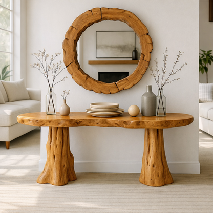 Rustic Solid Wood Console Table, Natural Tree Trunk Base Entryway Hallway Furniture