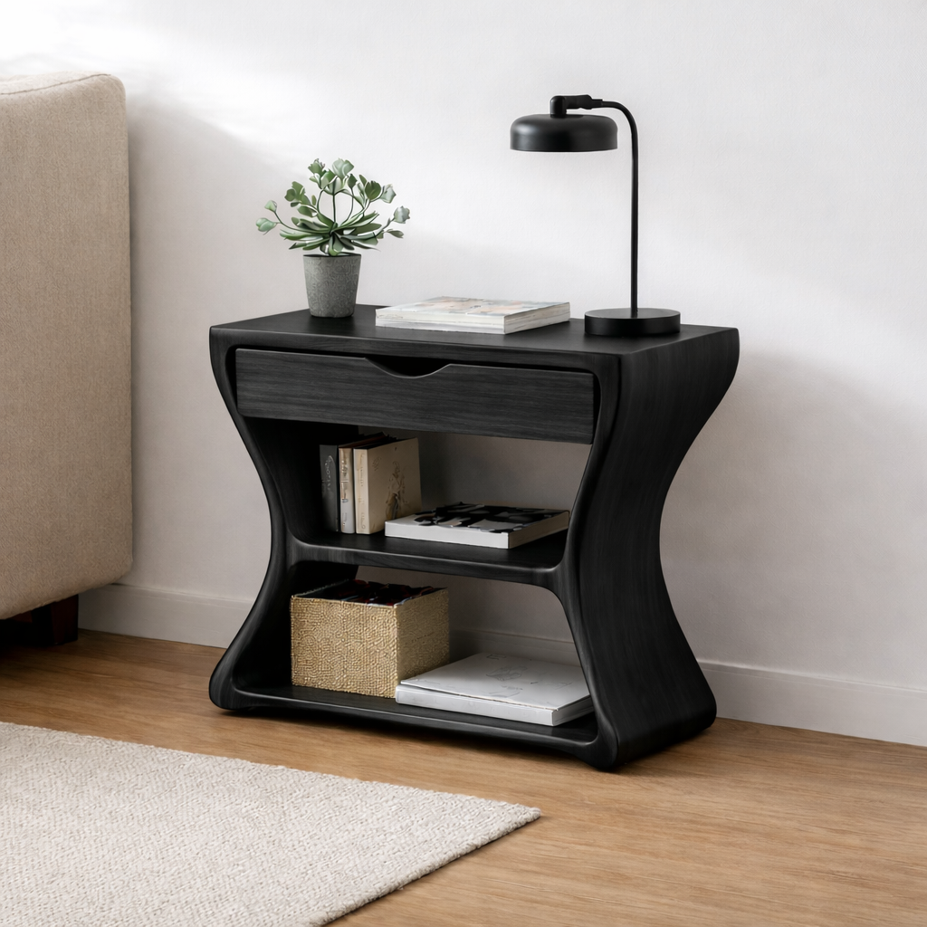 Solid Wood End Table with Drawer and Shelves – Modern Walnut Bedside Side Table Kitchnce