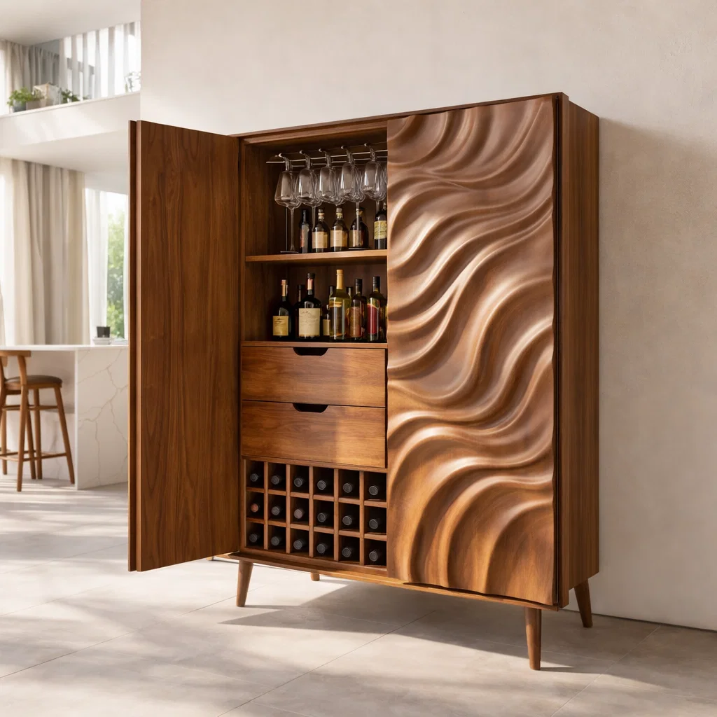 Solid Wood Bar Cabinet with Wine Rack – Modern Liquor Storage Cabinet