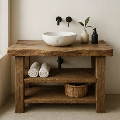 Handcrafted Solid Wood Bathroom Vanity – Rustic Live Edge Base with Double Open Shelves Kitchnce