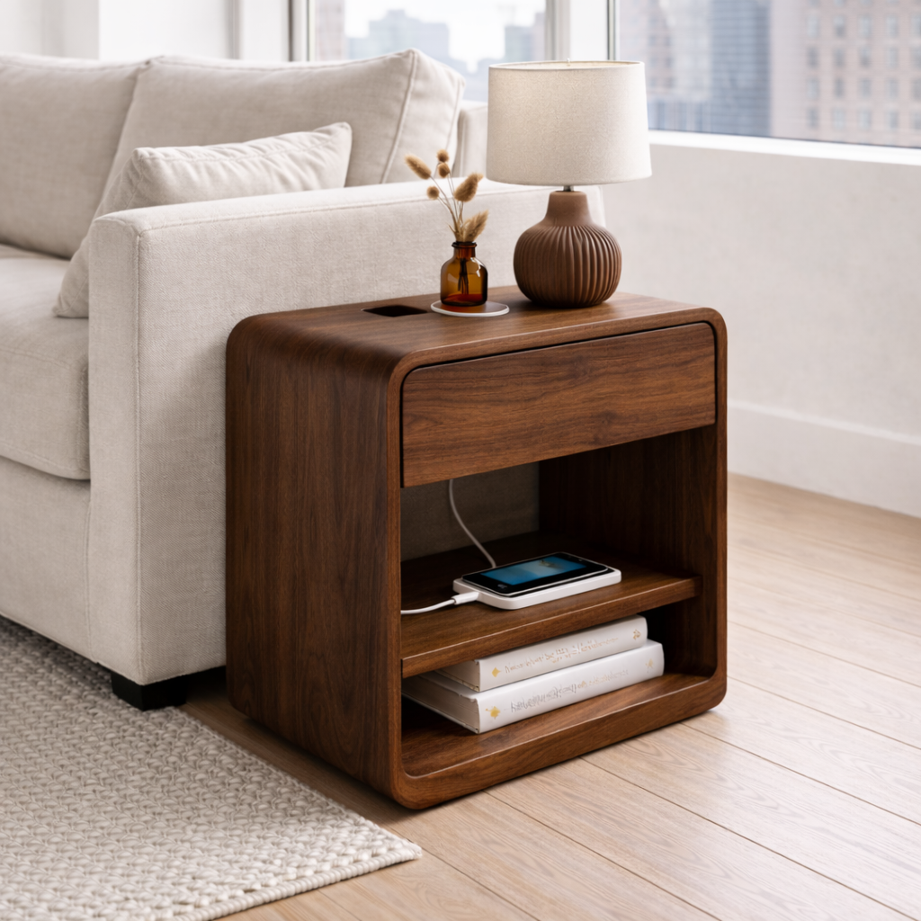 Solid Wood End Table with Drawer and Shelf – Modern Bedside Side Table with Storage Kitchnce