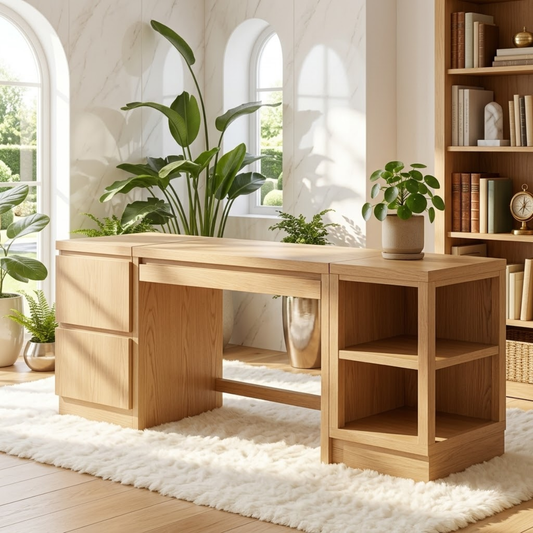 Modern Executive Desk with Storage Cabinet and Shelves Home Office Work Table Design