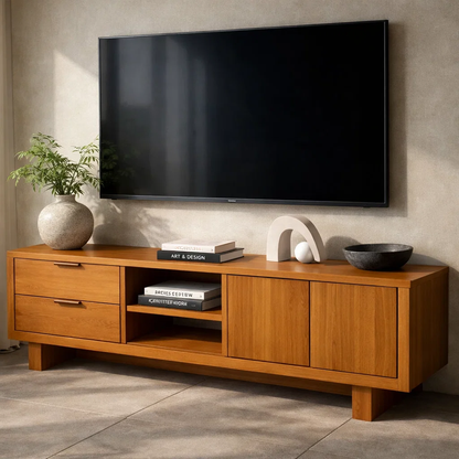 Solid Wood TV Cabinet with Drawers, Doors & Open Shelf – Modern Media Console