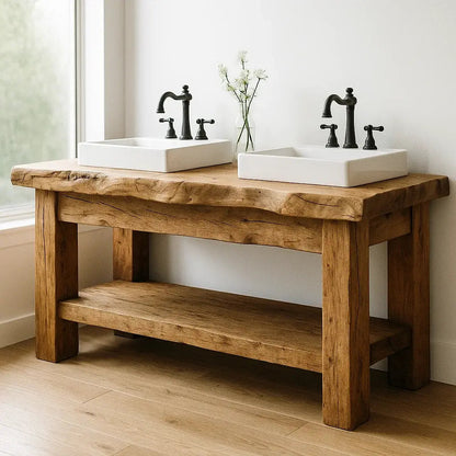 Handcrafted Solid Wood Bathroom Vanity – Rustic Double Live Edge Base with Open Shelf Kitchnce