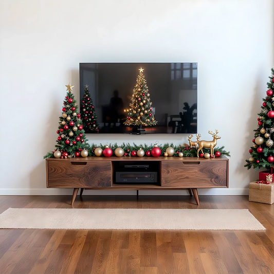 Solid Wood TV Stand Mid Century Walnut Media Console with Storage Cabinet