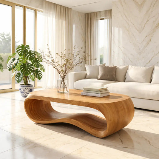 Contemporary Sculptural Wood Coffee Table with Curved Design Kitchnce