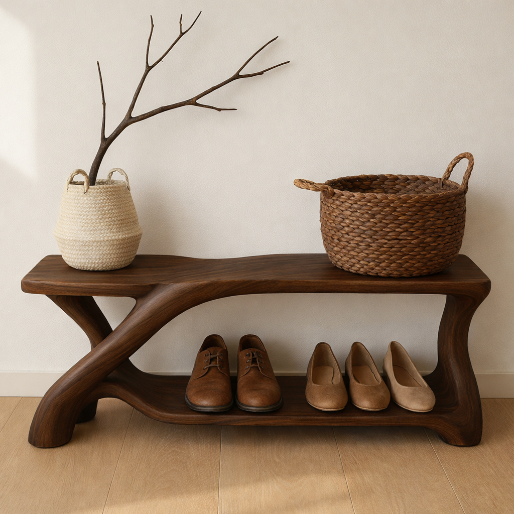 Modern Wooden Shoe Storage Bench – Solid Wood Entryway Bench with Shelf Kitchnce