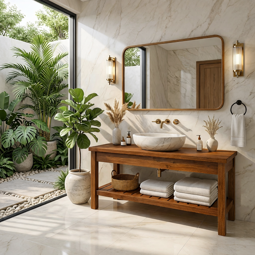 Modern Oak Bathroom Vanity with White Marble Sink and Golden Fixtures Kitchnce
