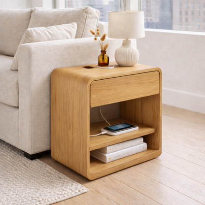 Solid Wood End Table with Drawer and Shelf – Modern Bedside Side Table with Storage Kitchnce
