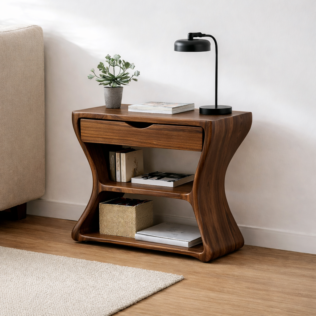 Solid Wood End Table with Drawer and Shelves – Modern Walnut Bedside Side Table Kitchnce