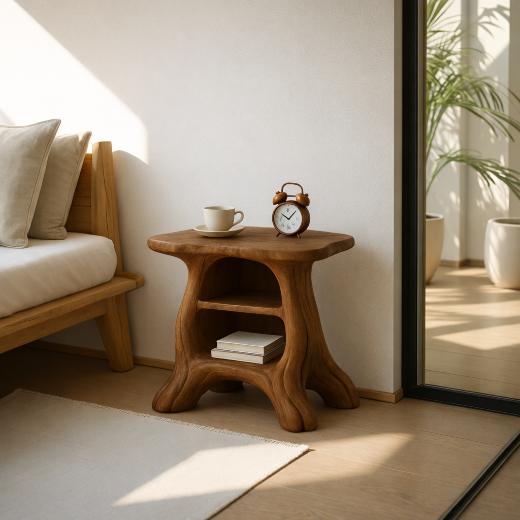 Modern Wooden Nightstand with Curved Base and Spacious Shelves - Wood Design Kitchnce