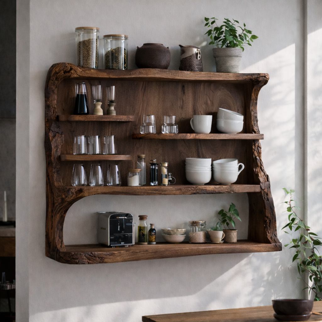 Live Edge Solid Wood Kitchen Cabinet | Modern Floating Shelf for Storage Kitchnce