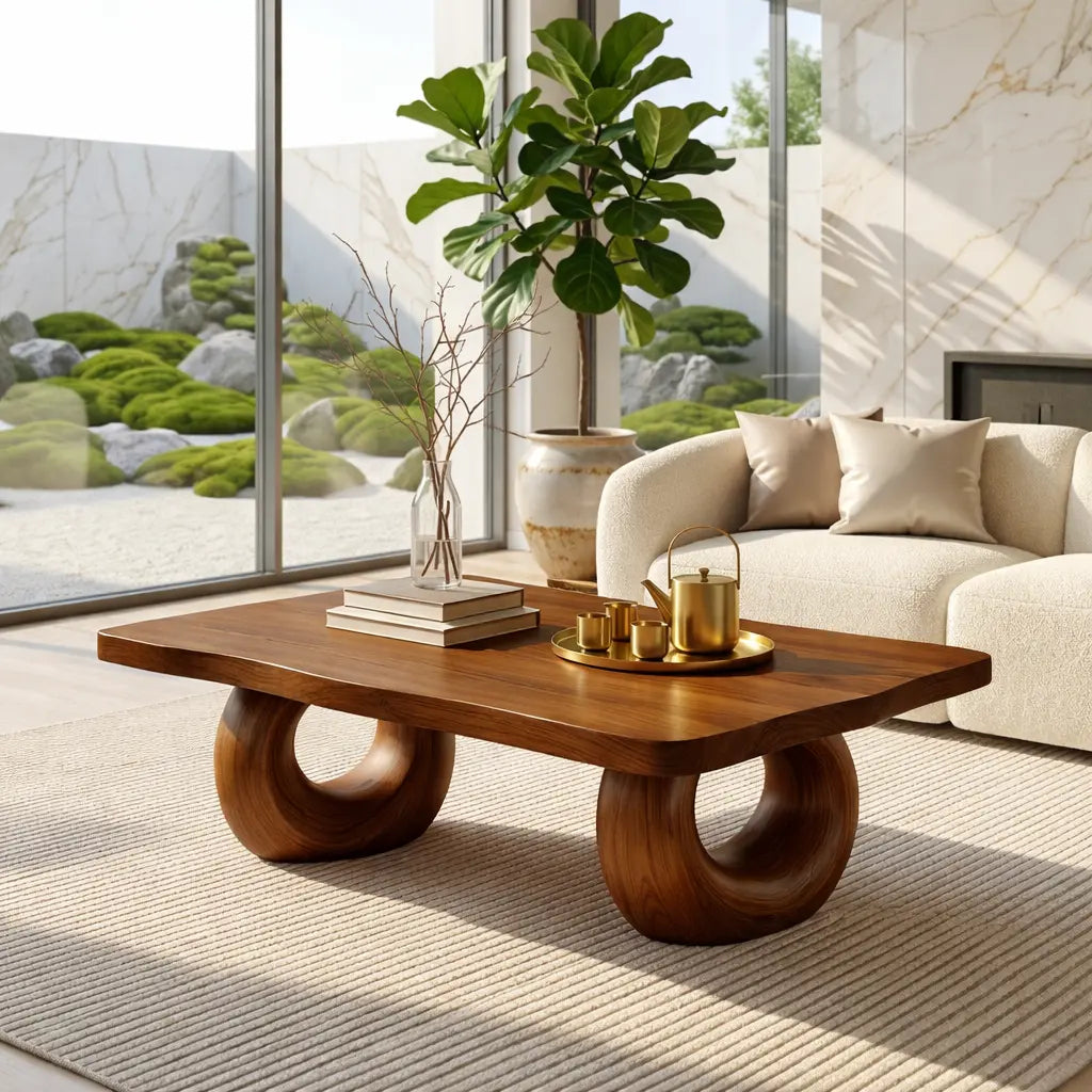 Solid Wood Sculptural Coffee Table with Round Carved Base, Modern Designer Living Room Table Kitchnce