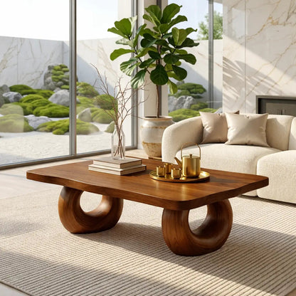 Solid Wood Sculptural Coffee Table with Round Carved Base, Modern Designer Living Room Table Kitchnce