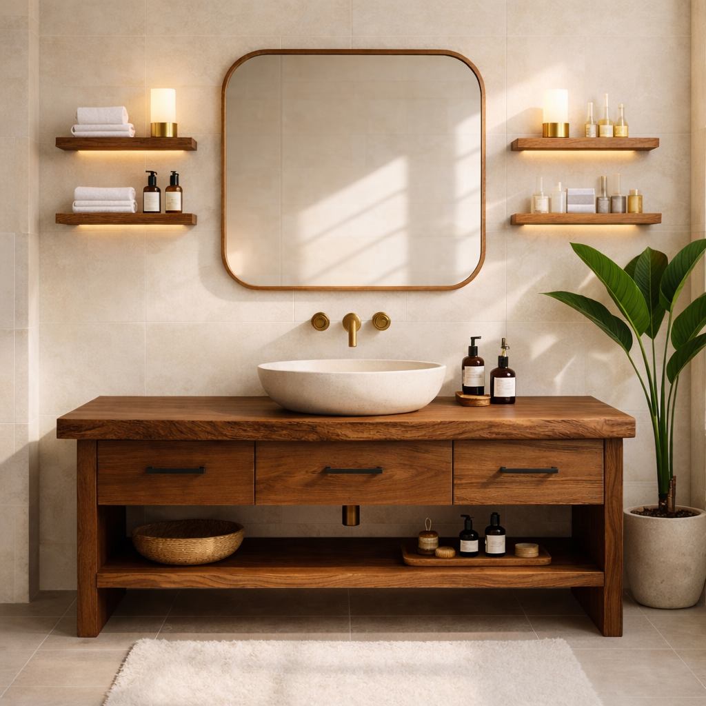 Modern Rustic Solid Wood Bathroom Vanity Cabinet With Drawers And Open Shelf Kitchnce