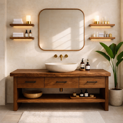 Modern Rustic Solid Wood Bathroom Vanity Cabinet With Drawers And Open Shelf Kitchnce