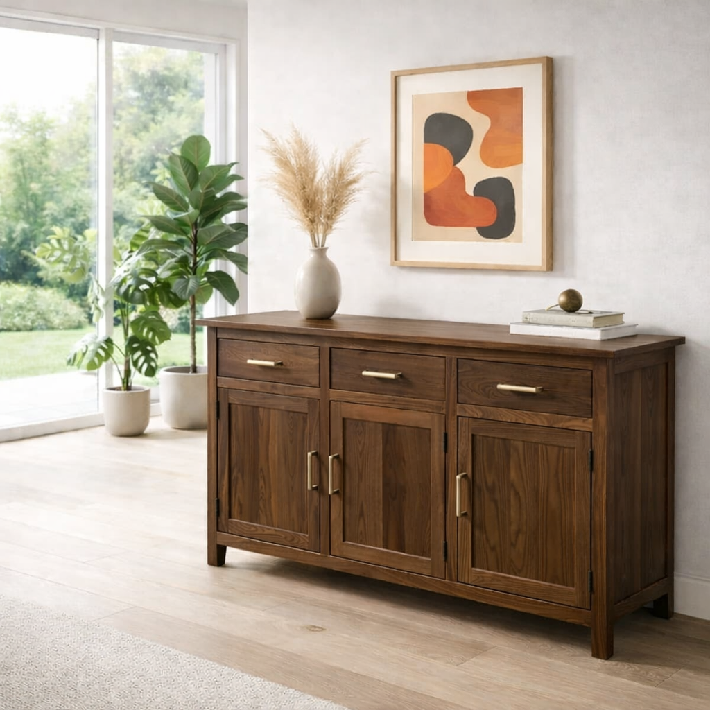 Farmhouse Sideboard Cabinet with 3 Drawers and Doors – Wooden Storage Buffet