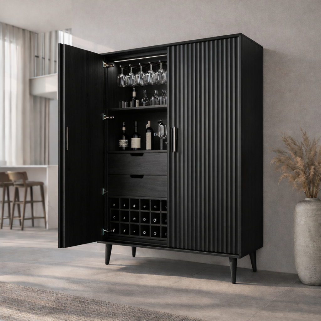 Solid Wood Bar Cabinet with Fluted Doors, Wine Storage & Glass Rack – Modern Home Bar