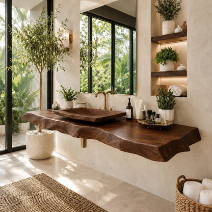 Burl Wood Vanity Shelf with Carved Sink | Live Edge Floating Bathroom Kitchnce