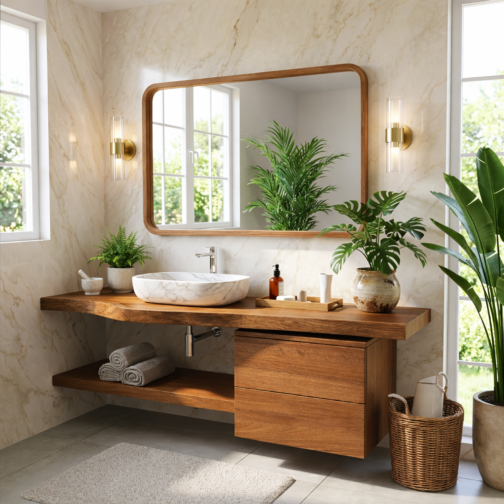 Floating Bathroom Vanity with Natural Wood Finish and Open Shelf Kitchnce