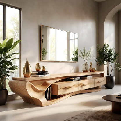 Solid Wood Media Console with Curved Design, Modern TV Stand with Storage