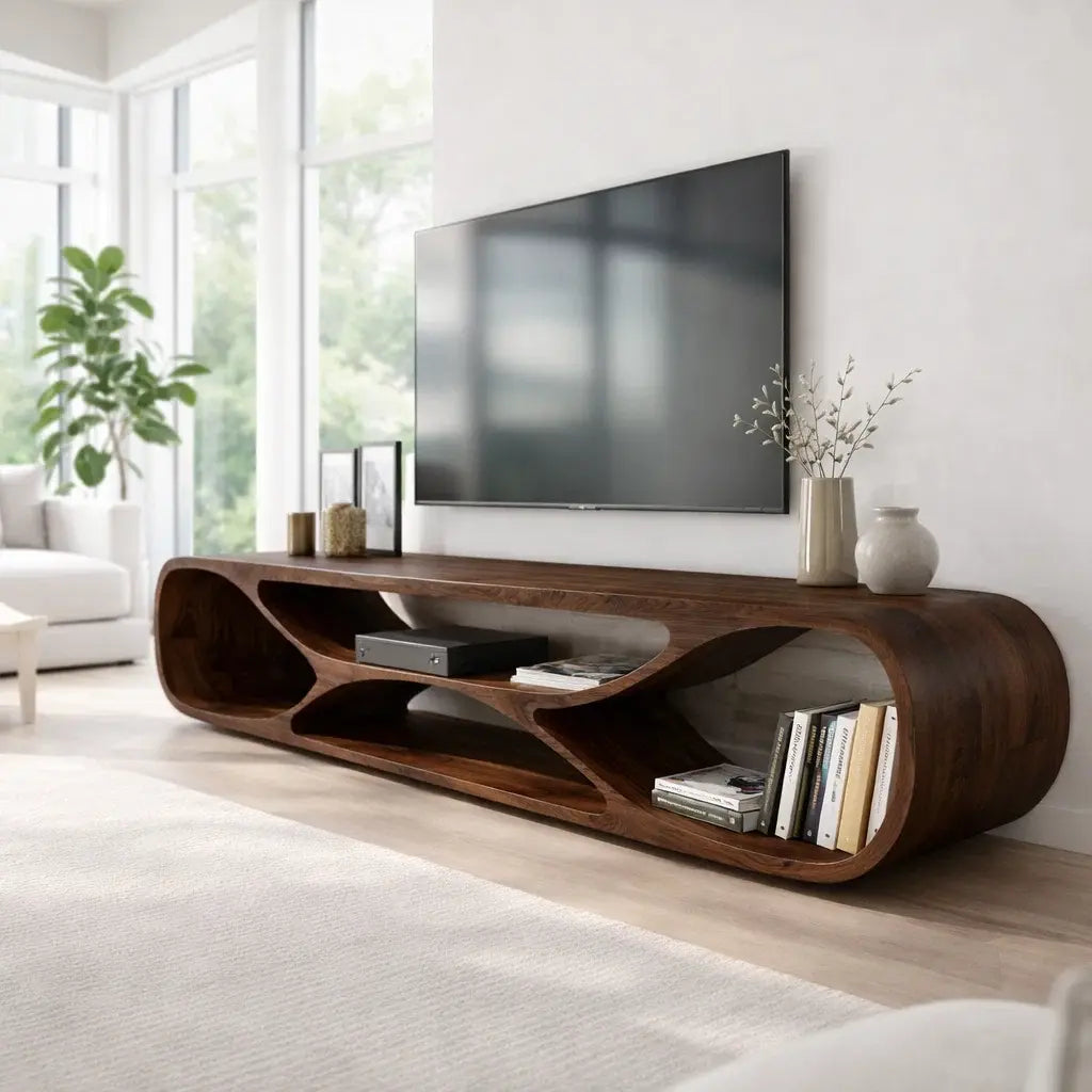 Sculptural Solid Wood TV Stand – Organic Modern Media Console Kitchnce