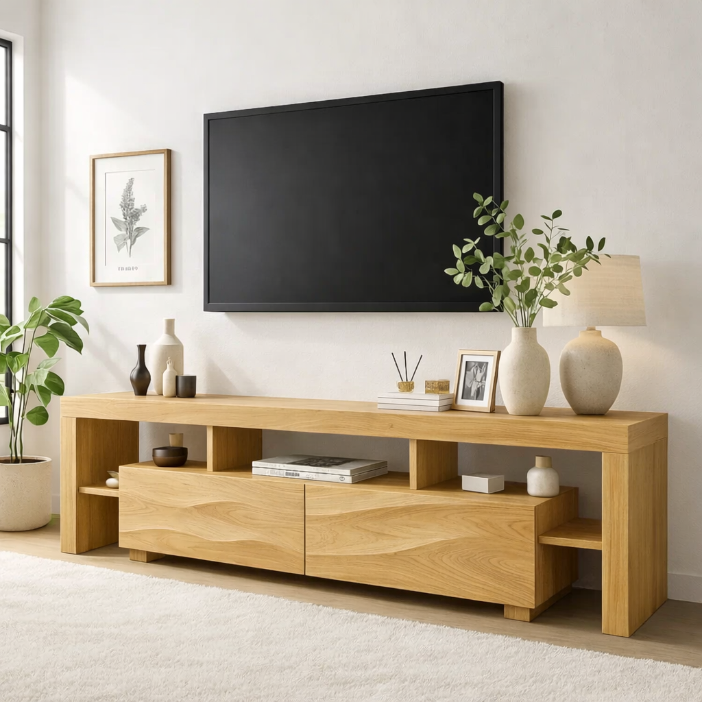 Modern Wave Front Wood TV Stand Long Media Console With Open Shelves Entertainment Center Kitchnce