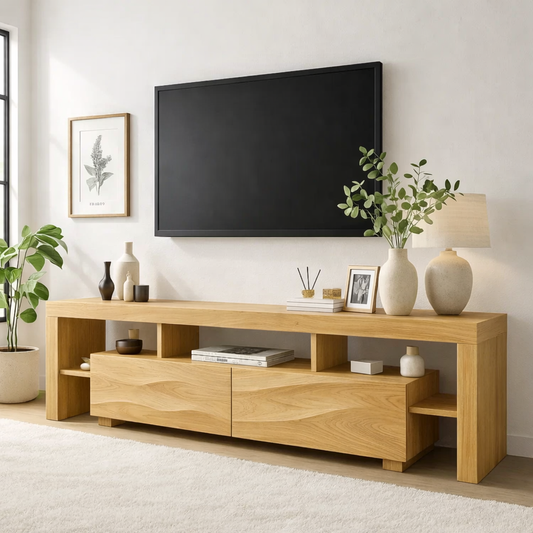 Modern Wave Front Wood TV Stand Long Media Console With Open Shelves Entertainment Center Kitchnce