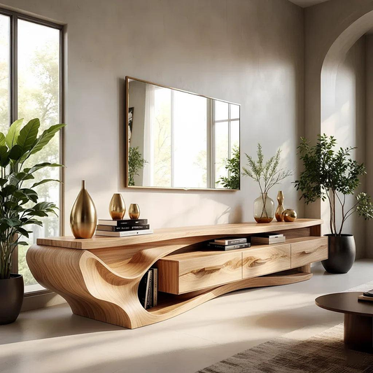 Solid Wood Media Console with Curved Design, Modern TV Stand with Storage