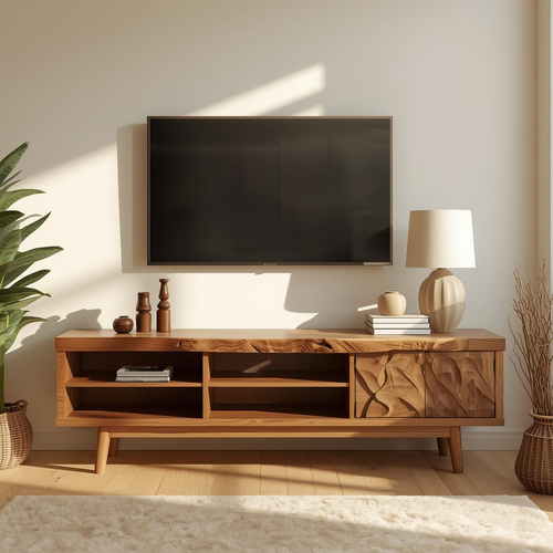 Handcrafted Solid Wood TV Stand with Artistic Carved Doors and Open Shelving for Modern Homes Kitchnce