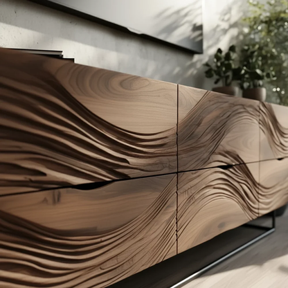 Solid Wood TV Stand Modern Walnut Media Console with Wave Design Storage