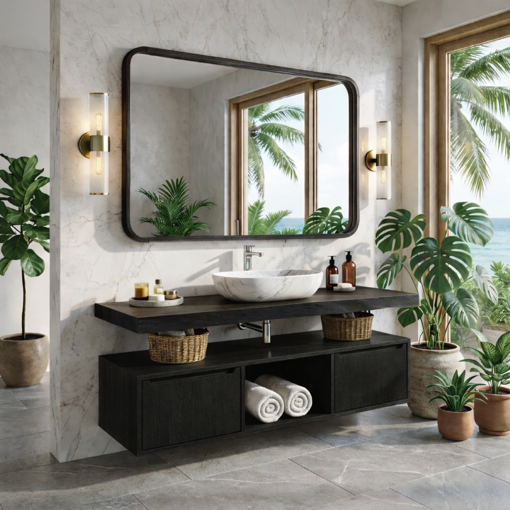 Floating Bathroom Vanity with Natural Wood Design and Spacious Storage Kitchnce