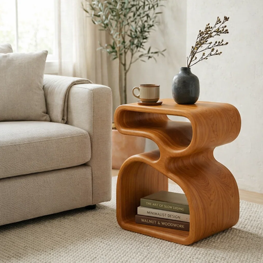 Organic Solid Wood End Table with Sculptural Curves and Storage Shelf
