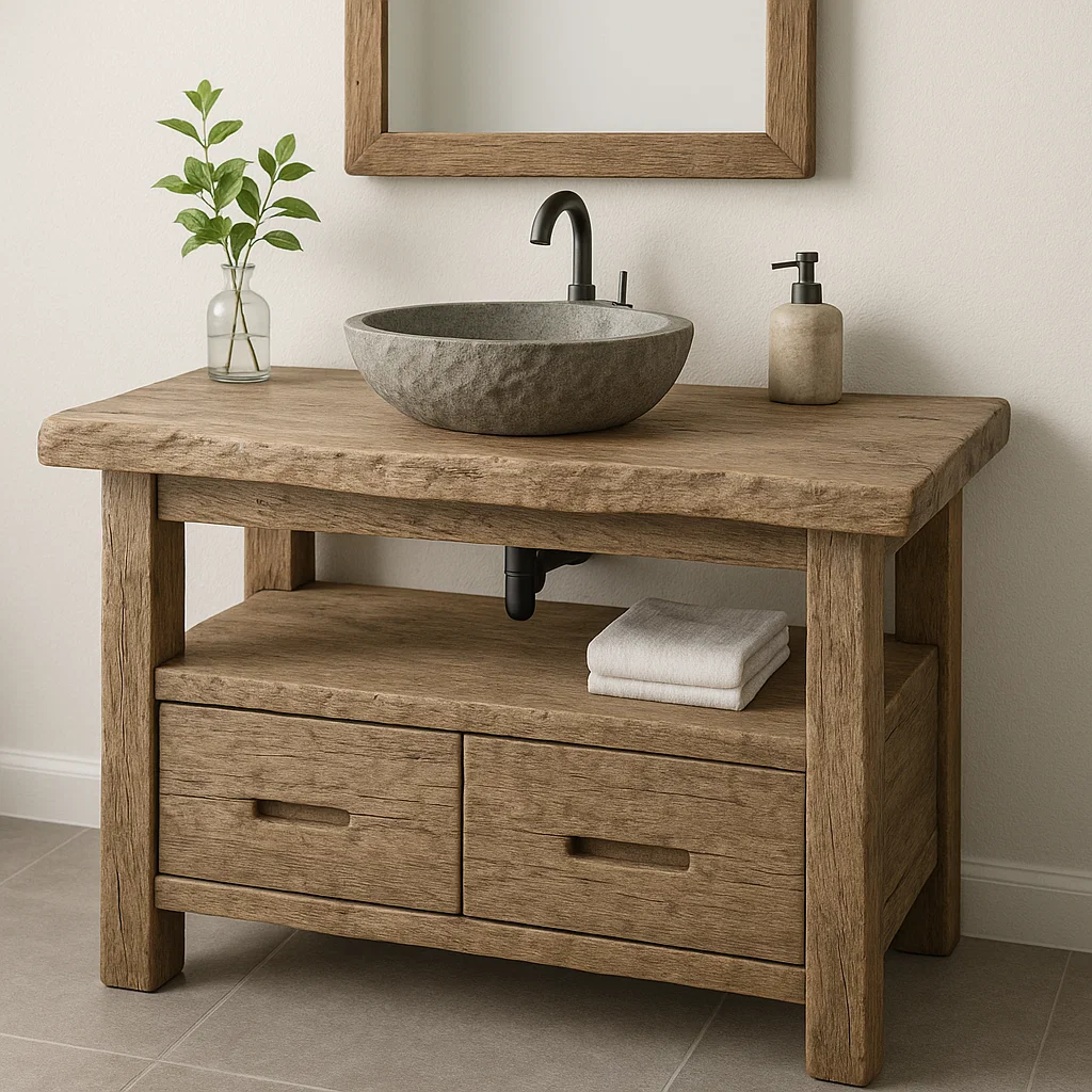 Handcrafted Solid Wood Bathroom Vanity – Rustic Live Edge Base with Drawers and Open Shelf Kitchnce