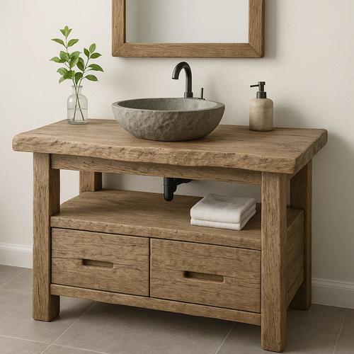 Handcrafted Solid Wood Bathroom Vanity – Rustic Live Edge Base with Drawers and Open Shelf Kitchnce