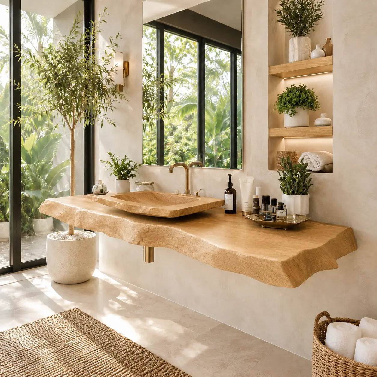 Burl Wood Vanity Shelf with Carved Sink | Live Edge Floating Bathroom Kitchnce