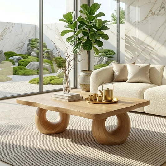 Solid Wood Sculptural Coffee Table with Round Carved Base, Modern Designer Living Room Table Kitchnce
