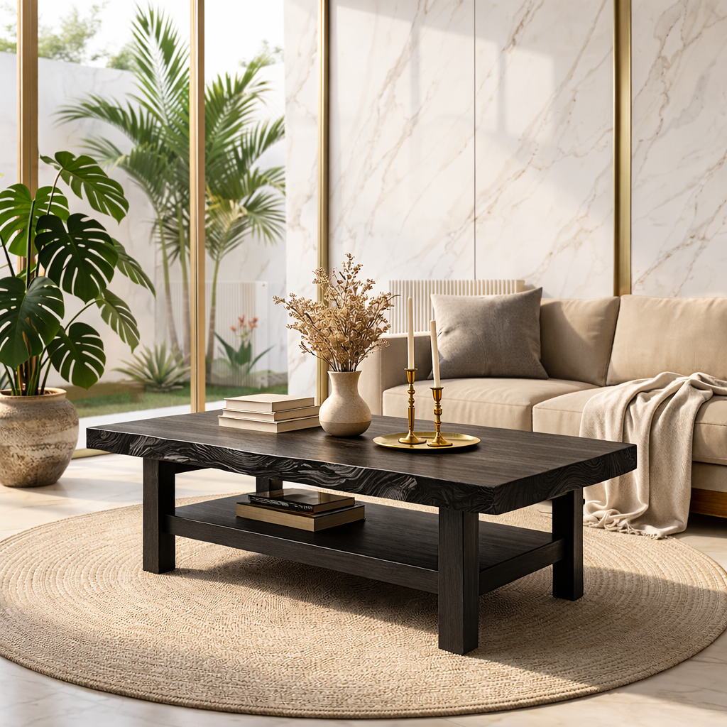 Handcrafted Solid Wood Coffee Table with Open Shelf and Natural Finish Kitchnce