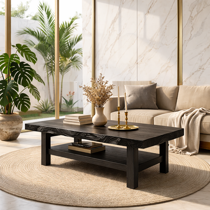 Handcrafted Solid Wood Coffee Table with Open Shelf and Natural Finish Kitchnce
