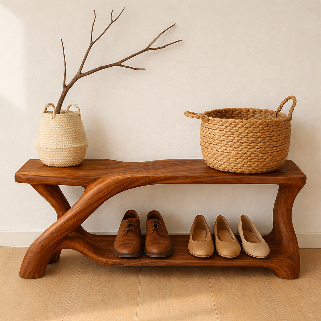 Modern Wooden Shoe Storage Bench – Solid Wood Entryway Bench with Shelf Kitchnce