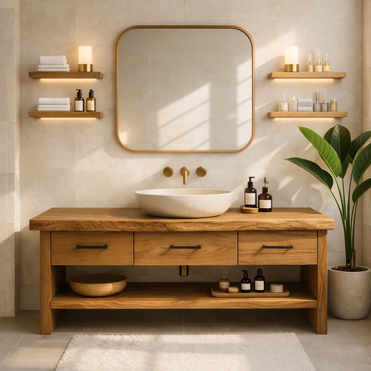 Modern Rustic Solid Wood Bathroom Vanity Cabinet With Drawers And Open Shelf Kitchnce