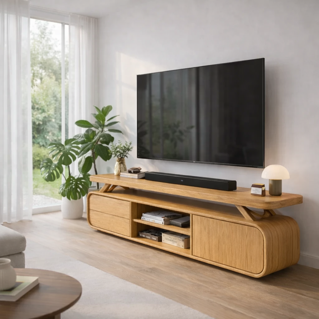 Modern Solid Wood TV Console with Curved Edges & Open Shelf Storage